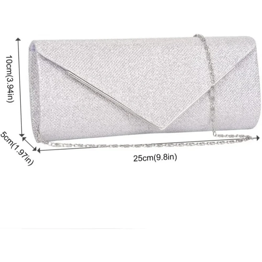 Women's Sliver Sparkling Envelope Bag With Detachable Chain Clutch Purses